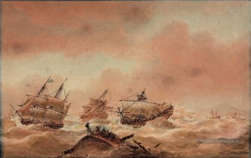 Navire de guerre œuvres - Nicholas Pocock Le Jour après Trafalgar La Victoire Essayant de Déblayer la Terre avec le Souverain Royal en Tente à l’Euryale